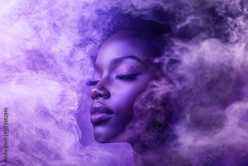 Model posing with closed eyes and purple smoke around her face