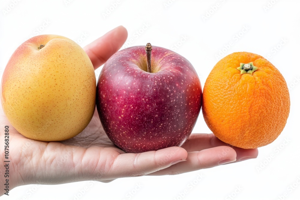 A healthy diet, fresh fruits on a female hand on a white transparent background, PNG A healthy diet, fresh fruits on a female hand on a white transparent background, PNG