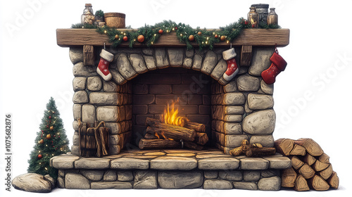 Cozy stone fireplace with stockings hung and a warm fire.