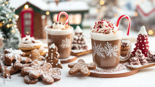 Festive hot chocolates topped with whipped cream, surrounded by gingerbread.