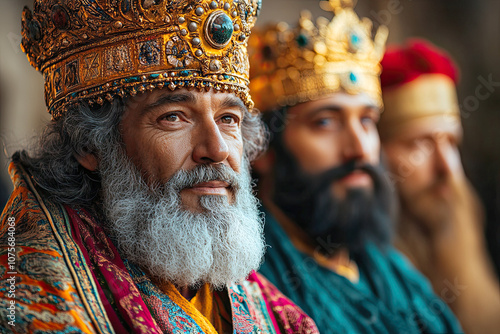 Portrait of three Arab men dressed as the Three Wise Men holding presents photo