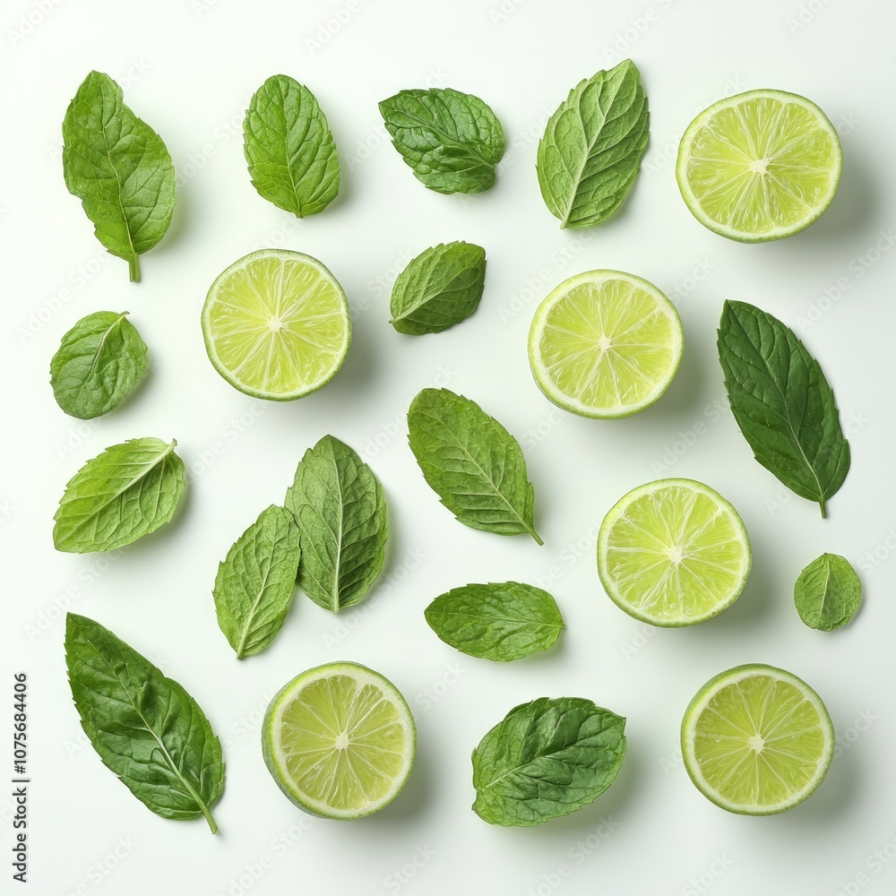 Mint leaves and lime slices arranged together on a white background Mint leaves and lime slices arranged together on a white background