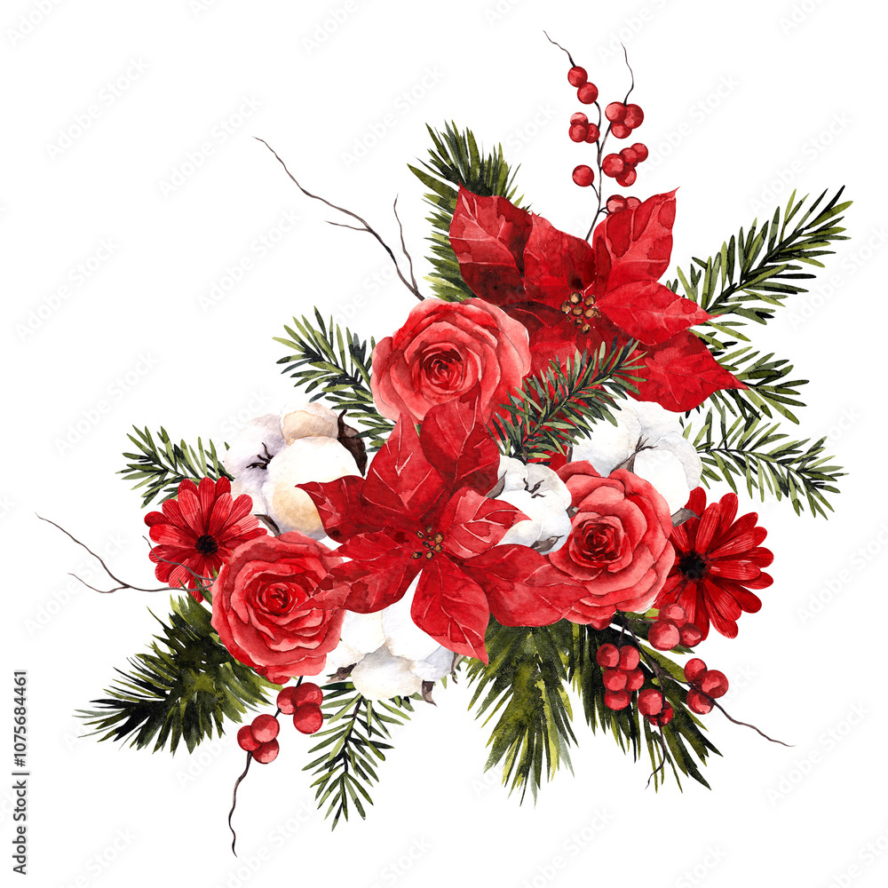 Obraz premium Floral Christmas bouquet with watercolor hand draw winter flowers, cotton, pine branch, berry and leaves, isolated on white background