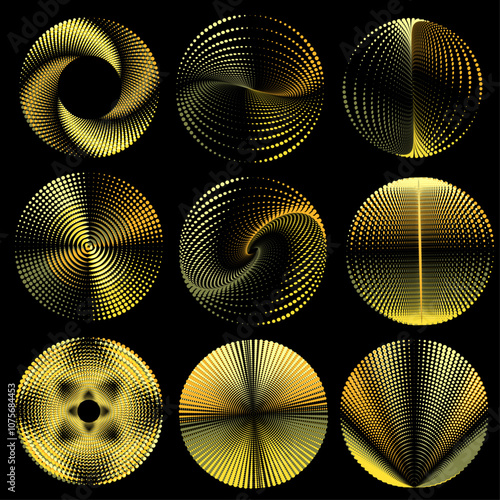 Swirl gold vector. Halftones, dots, abstract patterns. Collection of ring symbols. Vector illustration on a black background.