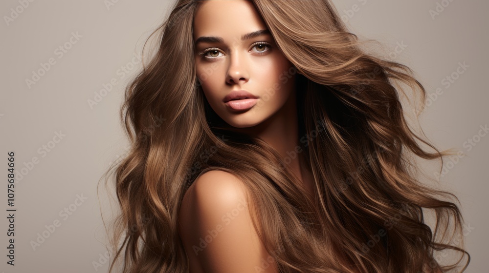 Naklejka premium Stunning portrait of a woman with wavy brunette hair and subtle makeup on a neutral backdrop