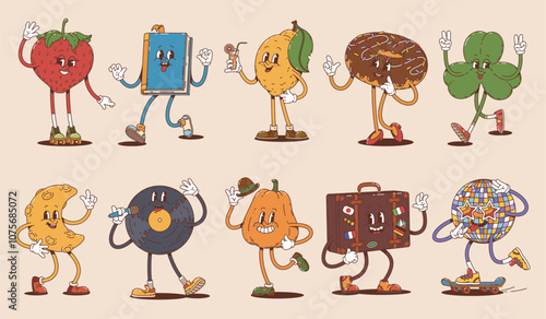 Cartoon retro groovy characters with happy faces. Funky personages of vector hippie disco ball, strawberry, lemon fruit and moon, vintage suitcase, vinyl record, donut, book, clover and pumpkin