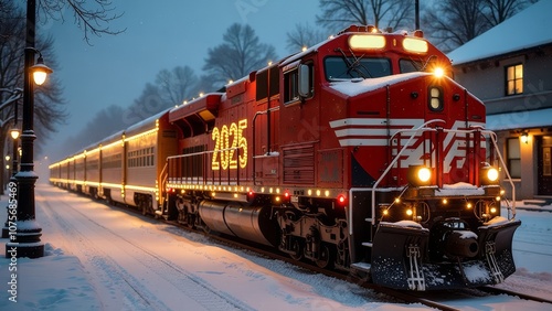 A red train with the inscription 2025 is driving along the snow-covered tracks