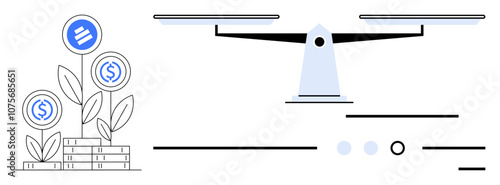 Plant with dollar symbols growing from stacked coins, and balance scale. Ideal for finance, investment, growth strategy, monetary policy, wealth management, economic stability, ROI analysis. Line