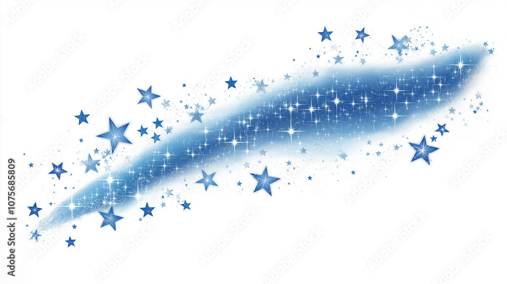 Fototapeta premium Trail of sparkling stars shooting across a white background, like a magical night sky.