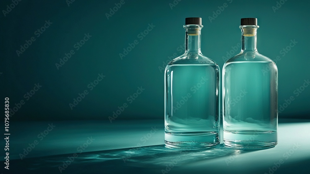 Two bottles on a blue tablecloth, sitting together on a table Two bottles on a blue tablecloth, sitting together on a table
