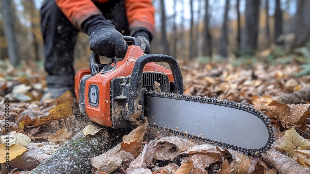 Closeup of a chainsaw being used in a forest. Closeup of a chainsaw being used in a forest.