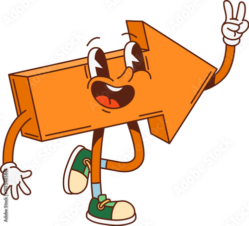 Groovy math arrow geometric figure character. Preschool kids education basic geometric figure funny cartoon character, arrow groovy vector mascot. School math shape isolated happy smiling personage