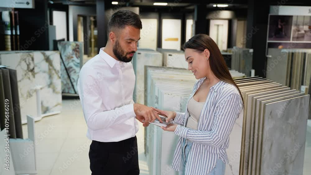 Sales Consultant Assisting Female Customer with Tile Selection Sales Consultant Assisting Female Customer with Tile Selection