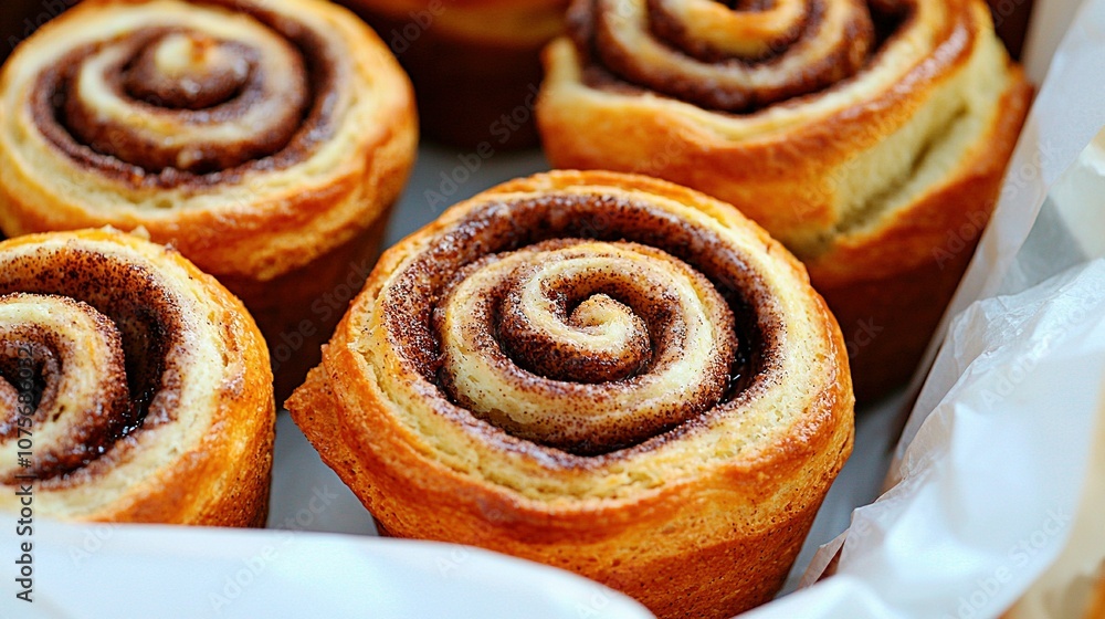 A photo captures several cinnamon buns placed on a white sheet and positioned atop a white tablecloth A photo captures several cinnamon buns placed on a white sheet and positioned atop a white tablecloth