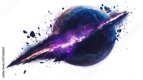 Planet with vibrant colors, engulfed in a swirling purple and blue cosmic cloud.