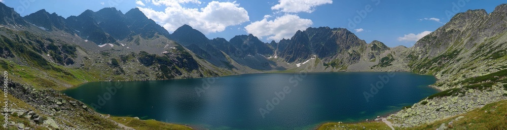 With fluffy clouds and a bright blue sky, the scene depicts a panoramic mountain landscape With fluffy clouds and a bright blue sky, the scene depicts a panoramic mountain landscape