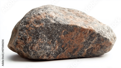 Large, weathered rock with specks of orange against a white background.