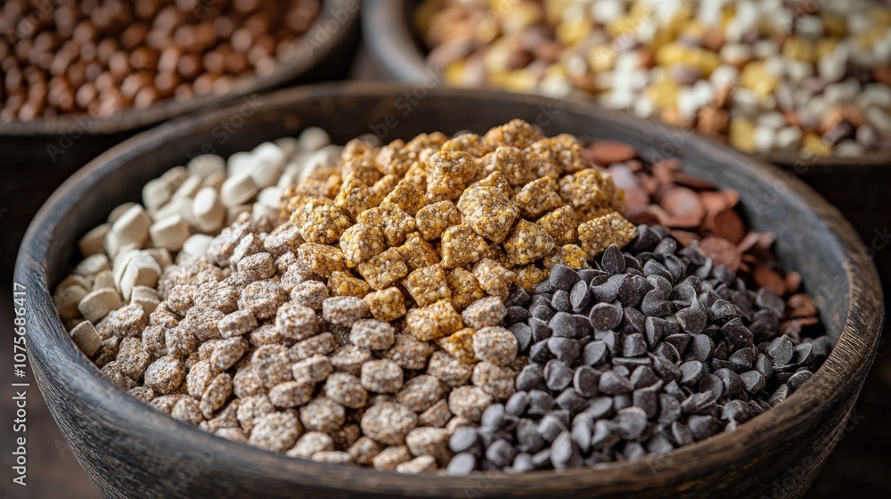 Fototapeta premium Spices and grains in rustic wooden bowls displayed at a vibrant market