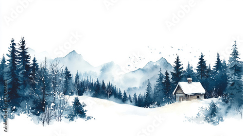 Snowy mountains and pine trees with a small cabin nestled among them, peaceful and cold.