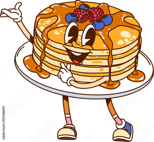 Cartoon stack of pancakes with syrup and berries groovy fast food character happily waving, adding a playful, sweet vibe to breakfast. Isolated vector charming and delightful retro pastry personage