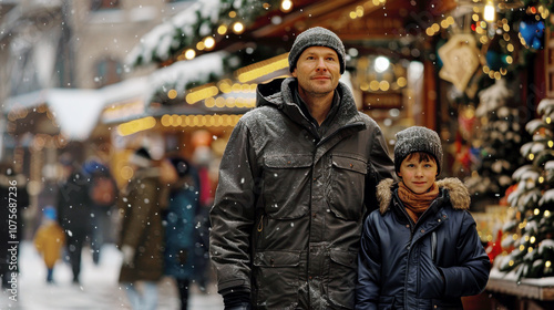 Families explore a bustling Christmas market adorned with lights, wreaths, and decorations while enjoying the falling snow