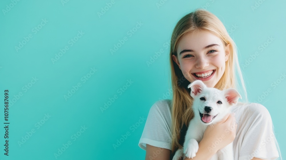 Volunteer at animal shelter young white woman with blonde hair bright background clean layout copy space Volunteer at animal shelter young white woman with blonde hair bright background clean layout copy space