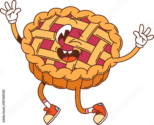 Groovy fruit pie or cake winking funny character. Cafe dessert meal cheerful cartoon character, sweet food or holiday traditional pastry groovy cheerful mascot. Fruit pie dessert funny retro personage