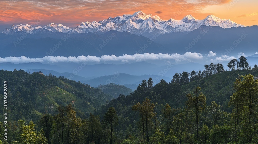 Fototapeta premium Majestic Himalayan Sunrise, a breathtaking view of vibrant colors illuminating towering peaks, with soft clouds gracefully enveloping the landscape below