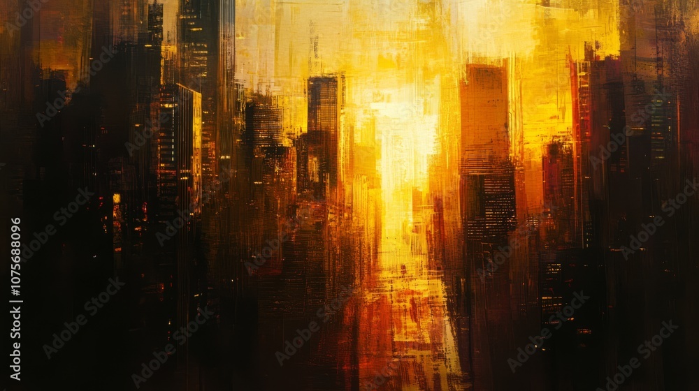 Abstract painting of a city skyline at sunset.