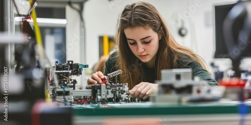 A young woman in a robotics lab assembling parts for a robot