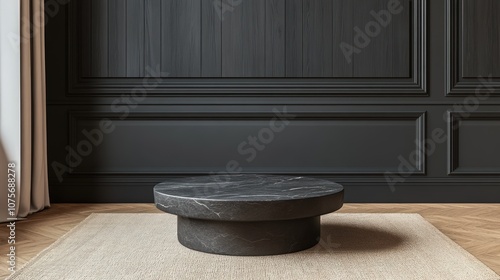 Minimalist black marble podium on a rug with a black wall in the background.