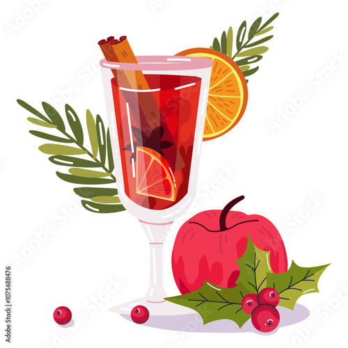 Mulled wine. Hot wine with spices, with sugar syrup, honey or citrus fruits. Germany, Austria, Italy, Czech Republic, Switzerland. Elements for Christmas, winter design,menu, banner, card