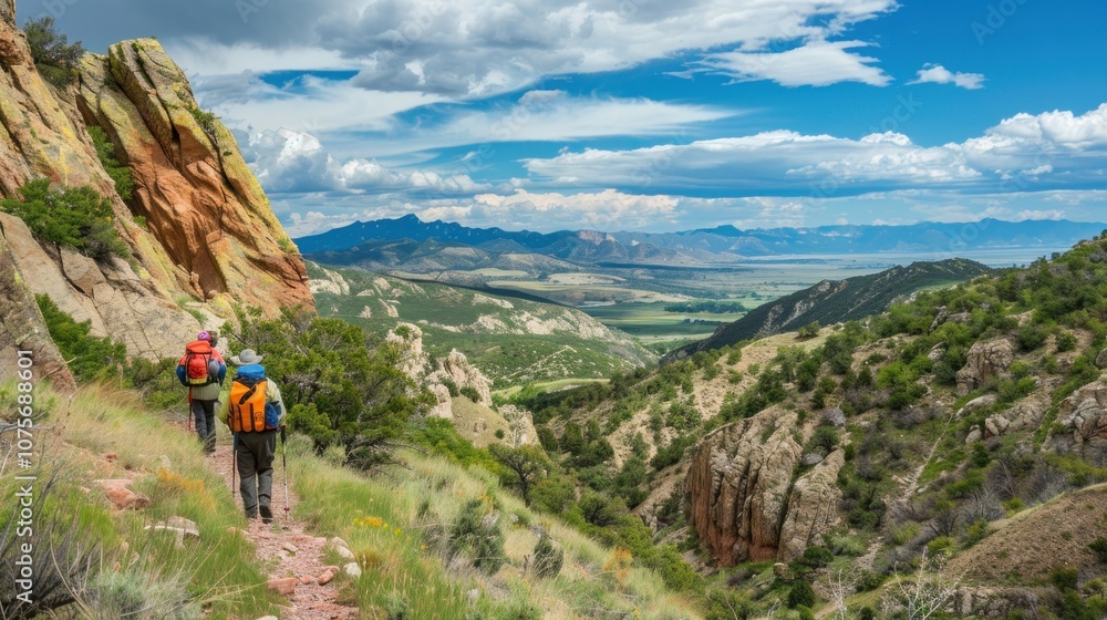 A group of friends hikes along a mountain trail, enjoying breathtaking vistas and natural beauty on a clear day A group of friends hikes along a mountain trail, enjoying breathtaking vistas and natural beauty on a clear day