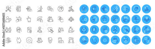 Education, Loan percent and Stats line icons pack. Wash hands, Mobile like, Click hand web icon. Baby carriage, Scroll down, Clapping hands pictogram. Dont touch, Organic tested, Teamwork. Vector