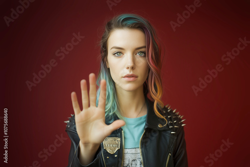 Alternative-looking lesbian woman with rainbow-streaked hair raises her hand in a stop gesture, protesting workplace discrimination due to her sexual orientation. Red background. Awareness poster. photo