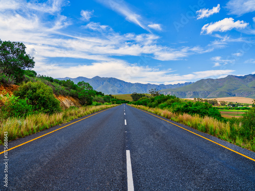 Road winding through Robertson wine valley, Langeberg Mountains in the background, Western Cape, South Africa photo