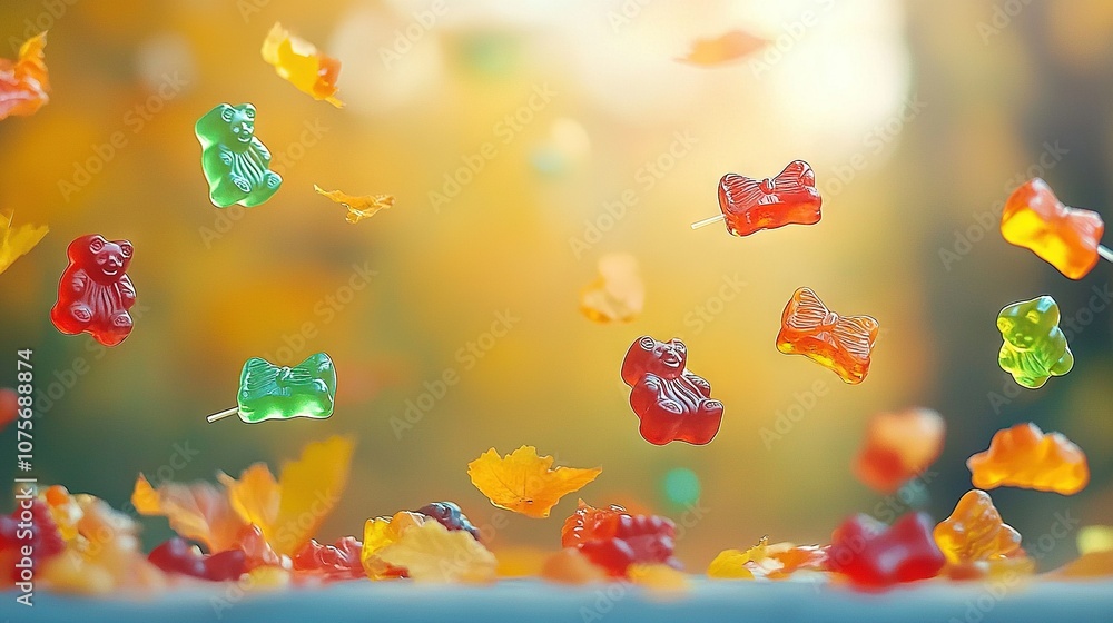 Gummy bears soaring through the air, blurry tree and leaf background Gummy bears soaring through the air, blurry tree and leaf background
