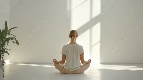 Wallpaper Mural Woman practicing meditation bright room clean background  copy space Torontodigital.ca