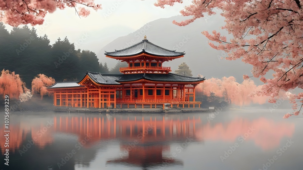 Obraz premium A beautiful red building with a large pond in front of it