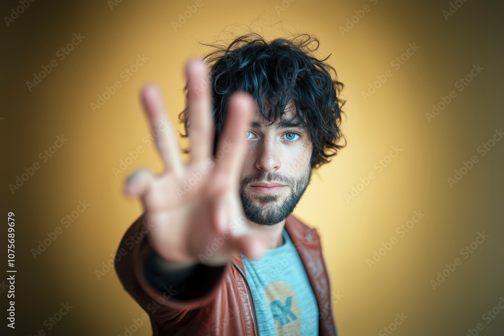 Young man with messy dark hair and blue eyes shows a stop gesture, expressing calm determination. Brown leather jacket, light blue shirt. Yellow background. Awareness poster. Young man with messy dark hair and blue eyes shows a stop gesture, expressing calm determination. Brown leather jacket, light blue shirt. Yellow background. Awareness poster.