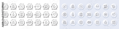 Medical flight, Uv protection and Medical tablet line icons. White pin 3d buttons, chat bubbles icons. Pack of Social distance, Eye protection, Alcohol free icon. Vector