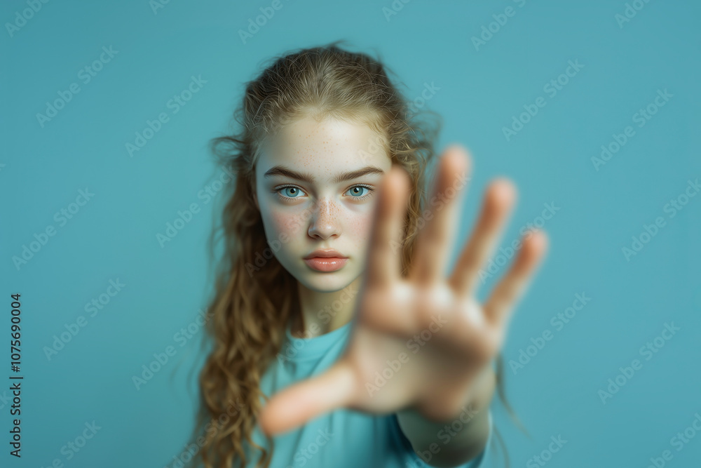 A young girl with fair skin, freckles, and wavy hair gazes intently at the camera, her hand raised in a stop gesture to protest against bullying. Light blue shirt. Soft teal background. Awareness post A young girl with fair skin, freckles, and wavy hair gazes intently at the camera, her hand raised in a stop gesture to protest against bullying. Light blue shirt. Soft teal background. Awareness post