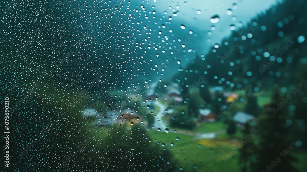 Raindrops on a window overlooking a serene village in the mountains during a rainy day Raindrops on a window overlooking a serene village in the mountains during a rainy day