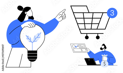 Man holding lightbulb points towards shopping cart with three items. Another man highlights data on screen beside money bag at a laptop. Ideal for business, marketing, e-commerce, innovation