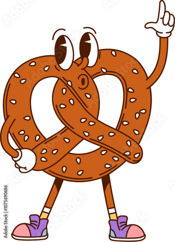 Cartoon pretzel groovy fast food character. Isolated vector funky cheerful bretzel retro personage for bavarian or german cafe menu. Pastry bakery dessert with sprinkles. Cute oktoberfest patisserie