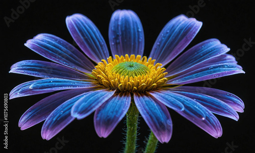 A close-up of a blue and purple flower with a yellow center, illuminated against a dark background