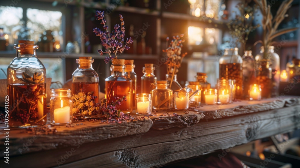 Dried flowers and herbal potions fill glass jars on a rustic wooden shelf, bathed in warm light, creating a serene, magical atmosphere Dried flowers and herbal potions fill glass jars on a rustic wooden shelf, bathed in warm light, creating a serene, magical atmosphere