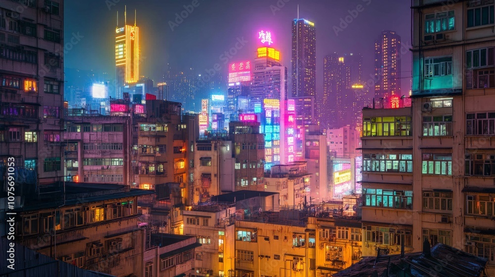 Obraz premium Vibrant Urban Nightscape, a stunning view of a city skyline illuminated by bright lights and colorful neon signs, showcasing the lively atmosphere of urban nightlife