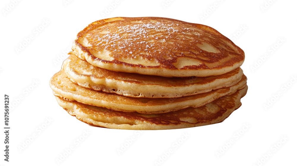 Delicious Stack of Fluffy Pancakes Served on a White Plate With Powdered Sugar Topping in a Cozy Kitchen Delicious Stack of Fluffy Pancakes Served on a White Plate With Powdered Sugar Topping in a Cozy Kitchen