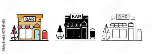 Bar Exterior Icon Collection, Minimalist Vector Silhouettes, in Line art, Color flat Style